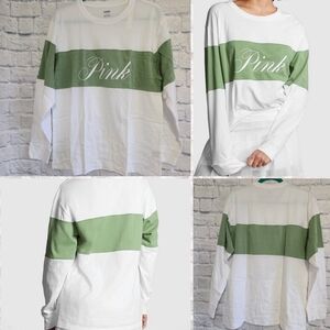 PINK Victoria's Secret Campus Tee White Olive Green Long Sleeve Shirt Large New